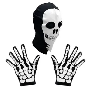 OEBLD 2 Pcs Halloween Skull Skeleton Mask, Skeleton Knit Beanie with Eye Holes and Glove Set Glow in the Dark Day of the Dead Skull Mask Halloween Costume for Masquerade Cosplay Costume Party