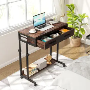 Emoottoo TB-F1695X 31.5 in. Portable Laptop Desk with Drawer & Wheels - Height Adjustable Rolling with Storage Shelf - Rustic Brown
