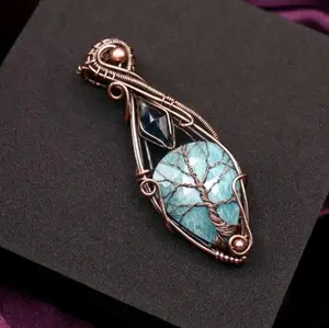Tree of Life Wire Wrapped Pendant with Amazonite and Teal Kyanite - Crystal Copper Wire Wrapped Necklace