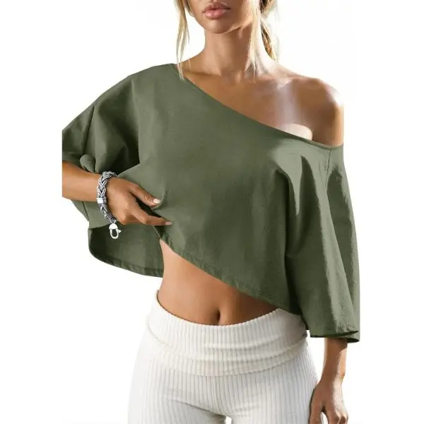 Fisoew Women's Asymmetrical One Shoulder Crop T Shirt, Off Shoulder Batwing 3/4 Dolman Sleeve Solid Loose Cropped Casual Top