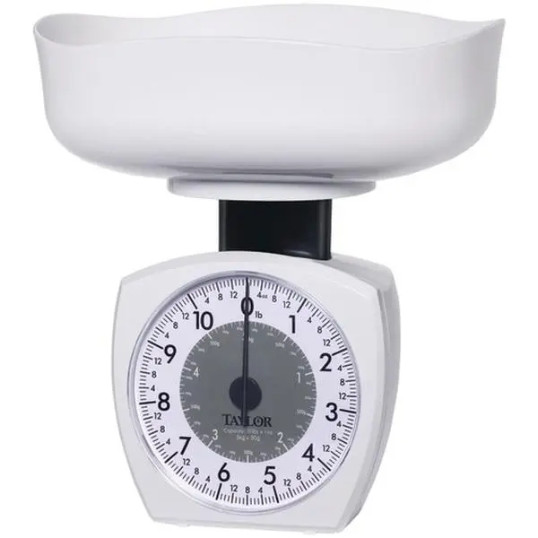 TAYLOR 212 MAIN Food Weight Scale - Tap3701Kl Model, Stainless Steel, Bold & Easy to Read Dial, 11-lb Capacity, Extra-Large 6-Cup Weighing Bowl, Kitchen Utensil for Cooking, Diet Needs, Holds 6 Cups