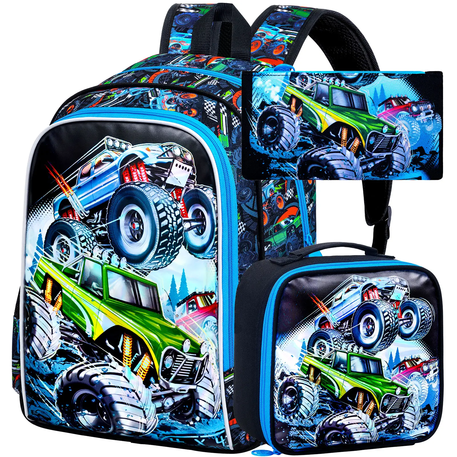 3PCS Cars Backpack for Boys, 16 Inch Kids Water Resistant Preschool Bookbags, Cool Elementary Kindergarten School Backpacks and Lunch Box