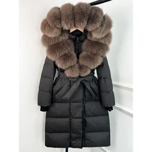 New Winter Women's Long Hooded Down Jacket, Thickened and Warm with Faux Fur Collar, White Goose Down Waterproof Parka