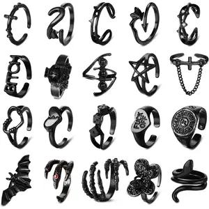 Florideco 20 Pcs Vintage Punk Rings for Men & Women Y2K Black Set with Snake, Bat, Devil, Spider & Claw Accessories, Adjustable Knuckle Stacking Design