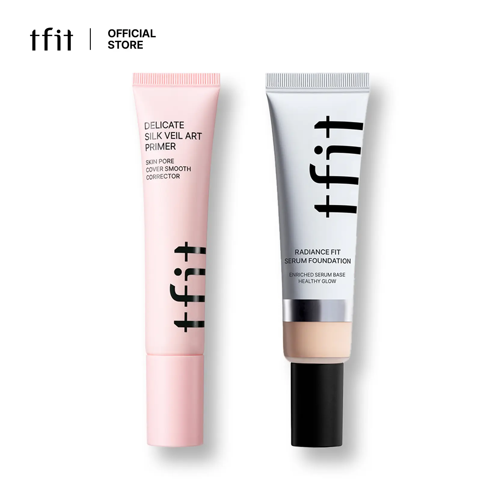 [TFIT OFFICIAL] Base Makeup Set  Delicate Silk Veil Art Primer 30ml + Radiance Fit Serum Foundation 30g, K-Beauty Bundle, Pore Blur Primer, 83.6% Serum Foundation, Dewy Hydrating Flawless Coverage, Longwear Non-Cakey, 30 Shades