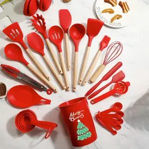 Christmas Theme Silicone & Wooden Baking Set, 28 Pcs/set Baking Spatula & Spoon & Organizer & Other Baking Tools, Kitchen Baking Supplies