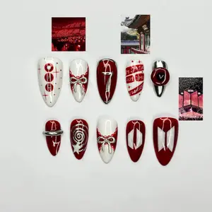 Kpop Inspired Cupid Voyage Nails| 7 Spirit Arirang Love Muse Press Ons| Red White Silver Retro Pop Nails| Coquette Fandom Nails| JC358IK