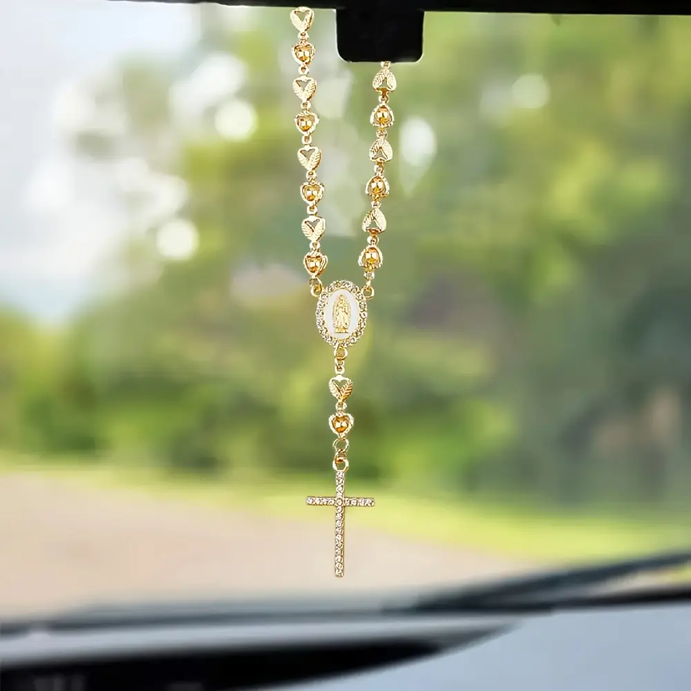 Heart-Shaped Mother Mary Beads Pendant with Rhinestone Cross Charm, Elegant Car Rearview Mirror Hanging Accessory, Car Hanging Decoration｜rear view mirror hanging accessories law