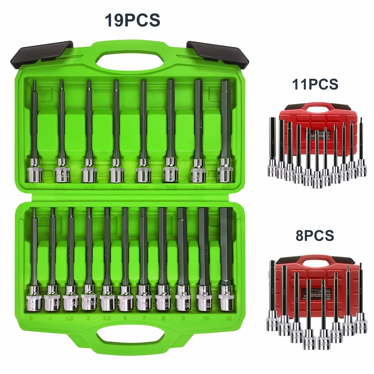19/11/8pcs Extra Long Allen Wrench Hex Bit Socket Set, 3/8 Inch Allen Socket Set Include Standard SAE & Metric (1/8 Inch - 3/8 Inch, 3-12mm) For Impact Drills And Ratchet Wrenches, S2 Steel