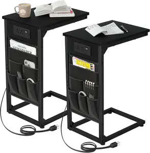 C Shaped End Table with  Station, TV Tray Set of 2, Couch Tables with Storage Bag, Slide Under Sofa Side Table with USB Ports and Outlets for Living Room, Black, HET04CBK