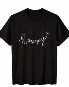 Casual Happiness Statement Top - Cursive "Happy" with Tiny Heart, Perfect for Daily Wear & Gifting,Sports T-shirt - Suitable for both men and women. Suitable for all seasons. Lightweight and breathable.