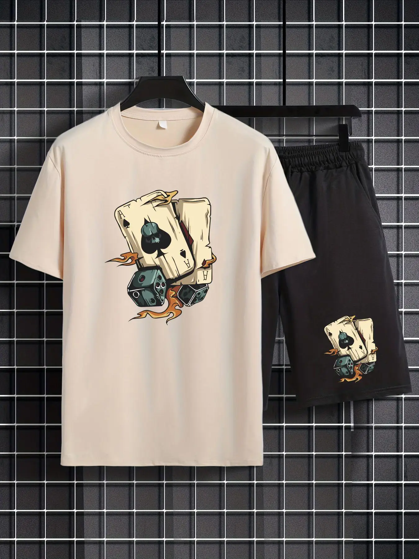 Two/Four Pieces Men's Playing Card Print Round Neck Lounge Outfits Set, Streetwear Crew Neck Short Sleeve T-shirts & Drawstring Pocket Shorts Set, Sum