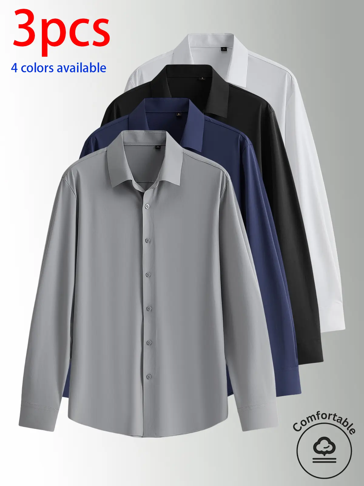 3-pack men’s long-sleeve shirts, men’s shirts, men’s long sleeves. Lightweight, breathable solid-color basic shirt made from nylon–elastane fabric. Available in four colors. Solid color is versatile—easy to match across styles. Suitable for everyday wear,