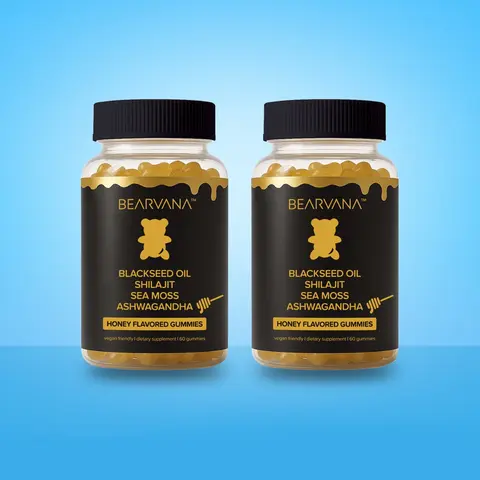 BEARVANA 4-in-1 Wellness Energy Gummies Double-Pack - Black Seed Oil, Shilajit, Sea Moss, Ashwagandha Root, Honey Flavor, Vitamins C & D, 2-Month Supply, 120 Chews - Fitness, Vitamins Supplements for Longer Use, Energy Gummies Vitamins Supplements
