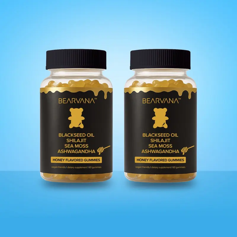 BEARVANA 4-in-1 Wellness Energy Gummies Double-Pack - Black Seed Oil, Shilajit, Sea Moss, Ashwagandha Root, Honey Flavor, Vitamins C & D, 2-Month Supply, 120 Chews - Fitness, Vitamins Supplements for Longer Use, Energy Gummies Vitamins Supplements