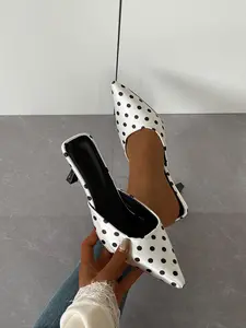 Women's Black Satin White Polka Dot Pointed Toe Backless Mule Kitten Heels, Retro French Chic Style, Comfy Dress & Casual Shoes, Western Mules