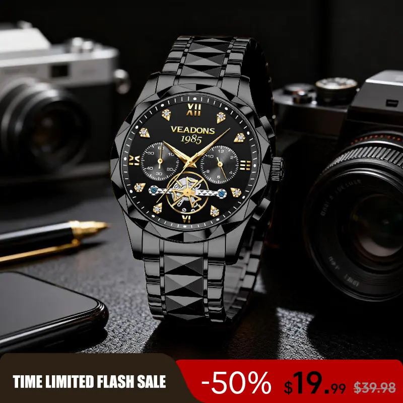 Men Skeleton Watches Stainless Steel Analog Quartz Moon Phase Male Watch Men Skeleton Watches Stainless Steel Analog Quartz Moon Phase Male Watch