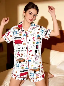 Women's Friends TV Show Sleepwear Loungewear Set, Two-Piece Geometric with Short Sleeves & Shorts, Fitted Casual Home Wear, All-Season Comfortable Pajamas