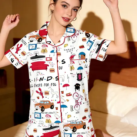 Women's Friends TV Show Sleepwear Loungewear Set, Two-Piece with Short Sleeves & Shorts, Casual Homewear, All-Season Comfortable Pajamas, Pajama Loungewear Pjs