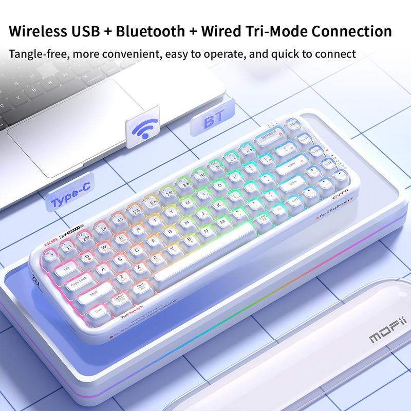 MOFii RGB Gaming Keyboard | 15 Light Effects, Cute Pink Transparent Keycaps, Rechargeable, BT/Wireless/Wired, US QWERTY