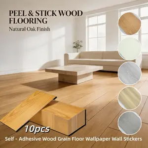 10Pcs Self - Adhesive Wood Grain Floor Wallpaper Wall Stickers, Peel & Stick Wood Grain Suitable For Living Room, For Bedroom, Living Room, Bathroom, Kitchen Home Decoration Floor Stickers