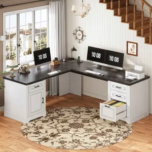 Sikaic 69 Inches L Shaped Computer Desk New Classic Computer Desk with File Drawers and Power Outlet.