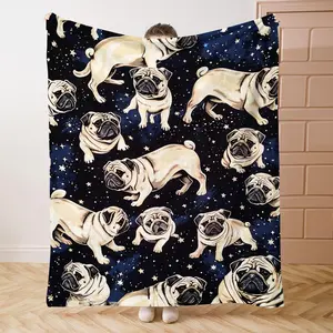 Pug Pattern Flannel Blanket, Soft Comfortable Throw Blanket, Cool Bedroom Bedding Blankets, Warm Napping Blanket for Home Office Travel
