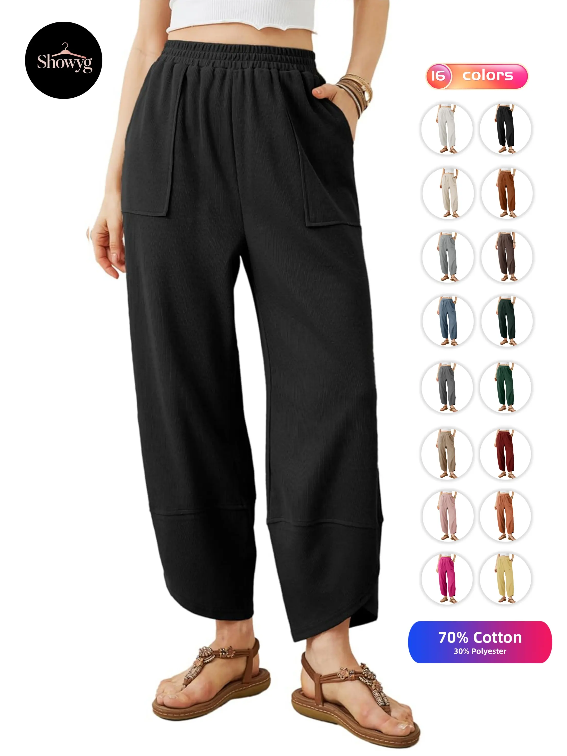 Showyg Women Cotton Pants Wide Leg Pants Casual Loose Baggy Elastic Waist Beach Palazzo Harem Pants
