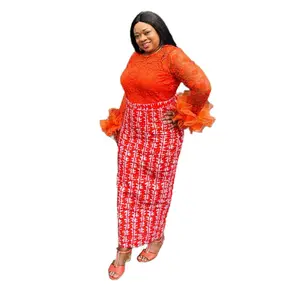 Luxury Elegant Print with European Flair Dress in Orange Ankara Lace Gown with Matching Belt for Women, Casual Summer Wear Long Sleeve Maxi - Womenswear, Comfort Style Everyday Outfits