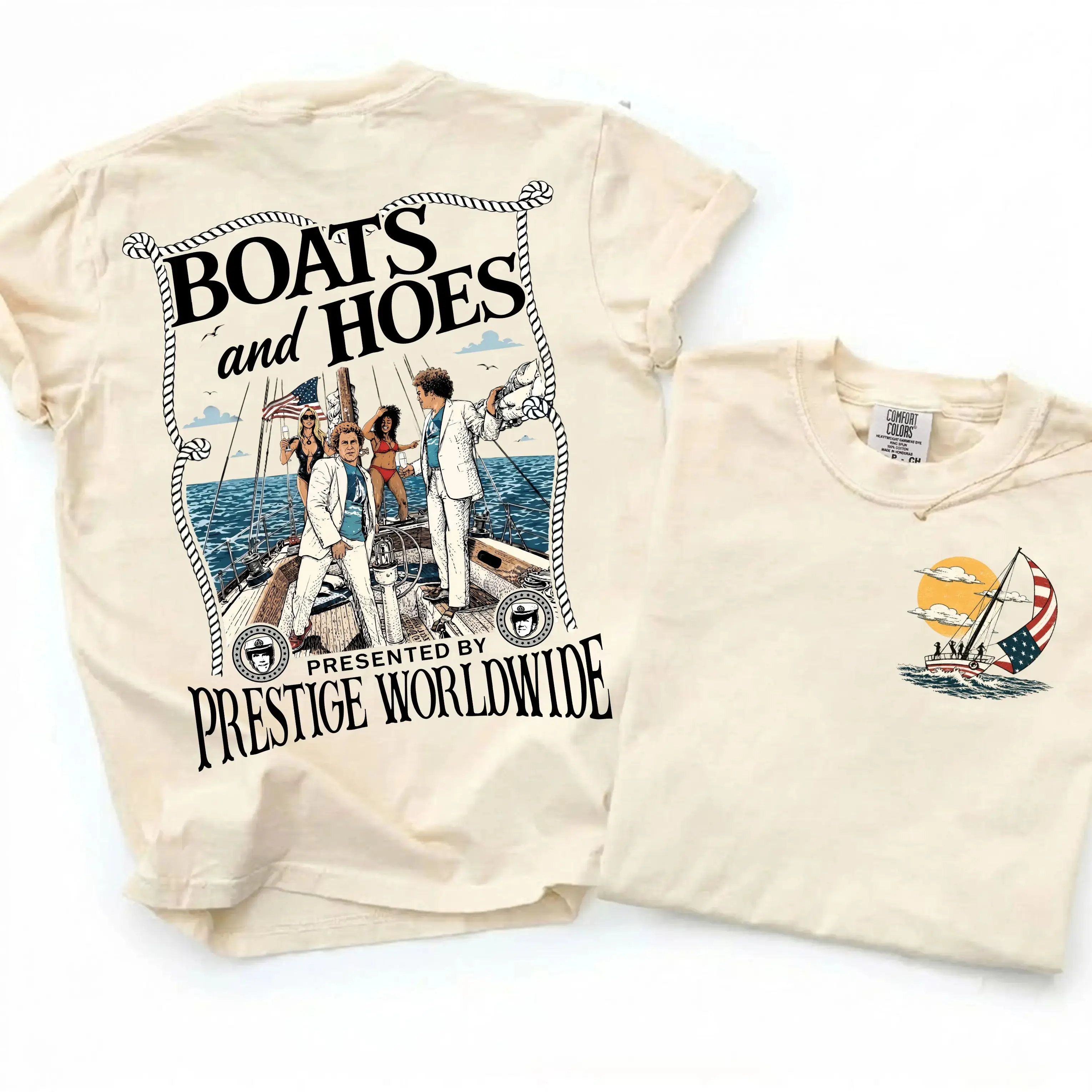 [Comfort Colors] Boats ‘N Hoes Retro Summer Tee, Vintage Step Brothers Inspired Shirt, Funny Yacht Party Graphic T-Shirt, Classic Comedy Movie Gift for Him