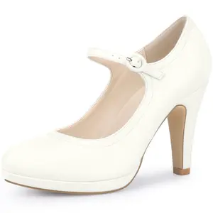 BLISSFUL STEP Platform Mary Jane Shoes Ankle Strap Chunky Heel Sandals Pumps White