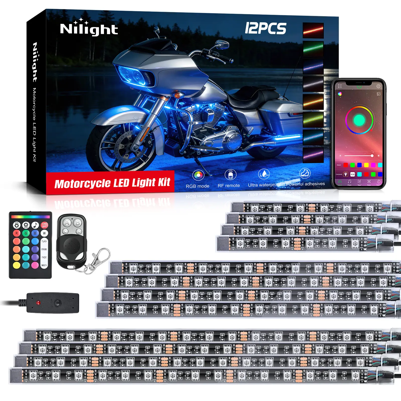 Nilight 12PCS Motorcycle RGB Strobe LED Lights Car Kit, IP68 Rated Waterproof Multi-Color Neon Underglow Accent Strips, APP & Remote Control, Adhesive Mount, Harley Davidson-Compatible Decoration Lights, Strobe Light
