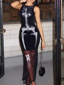 Women's Y2K Gothic Skeleton Print Bodycon Maxi Dress Sheer Mesh Patchwork Sleeveless Slim Long Dress for Clubwear Party Night Out Dark Aesthetic Streetwear Fashion Vintage Goth Dress Casual Evening Cocktail Outfit Soft Stretchy Fabric Trendy Graphic Dress