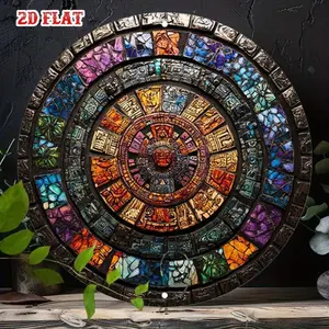 1PC 2D Flat Color Style Aluminum Wall Art - Ancient Aztec Calendar Design, Vivid Colorful Round Metal Sign for Home, Garage, Restaurant, Coffee Shop - Frameless, Indoor/Outdoor Use, 7.87x7.87"
