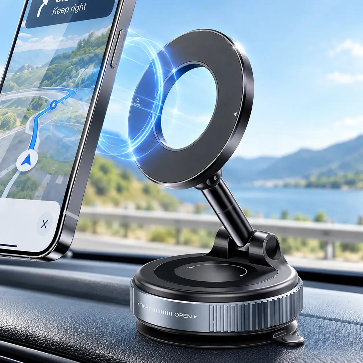 Magnetic Car Phone Holder - Folding Vacuum Type Mount with 20 N52 Magnets, Strong Grip, Heat-Resistant Nano-Adhesive Base, Adjustable Support for MagSafe & All Smartphones, Folding Mount