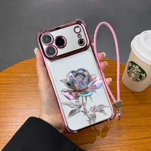 Portable hanging rope purple rose anti fall phone case, four corner airbag protection, stylish phone protection case, suitable for iPhone 17 Pro Max, 16 Pro Max, 15 Pro, 14, 13, 12, 11 and Samsung Galaxy S26 S25 S24 S23 series women's phone cases. A139