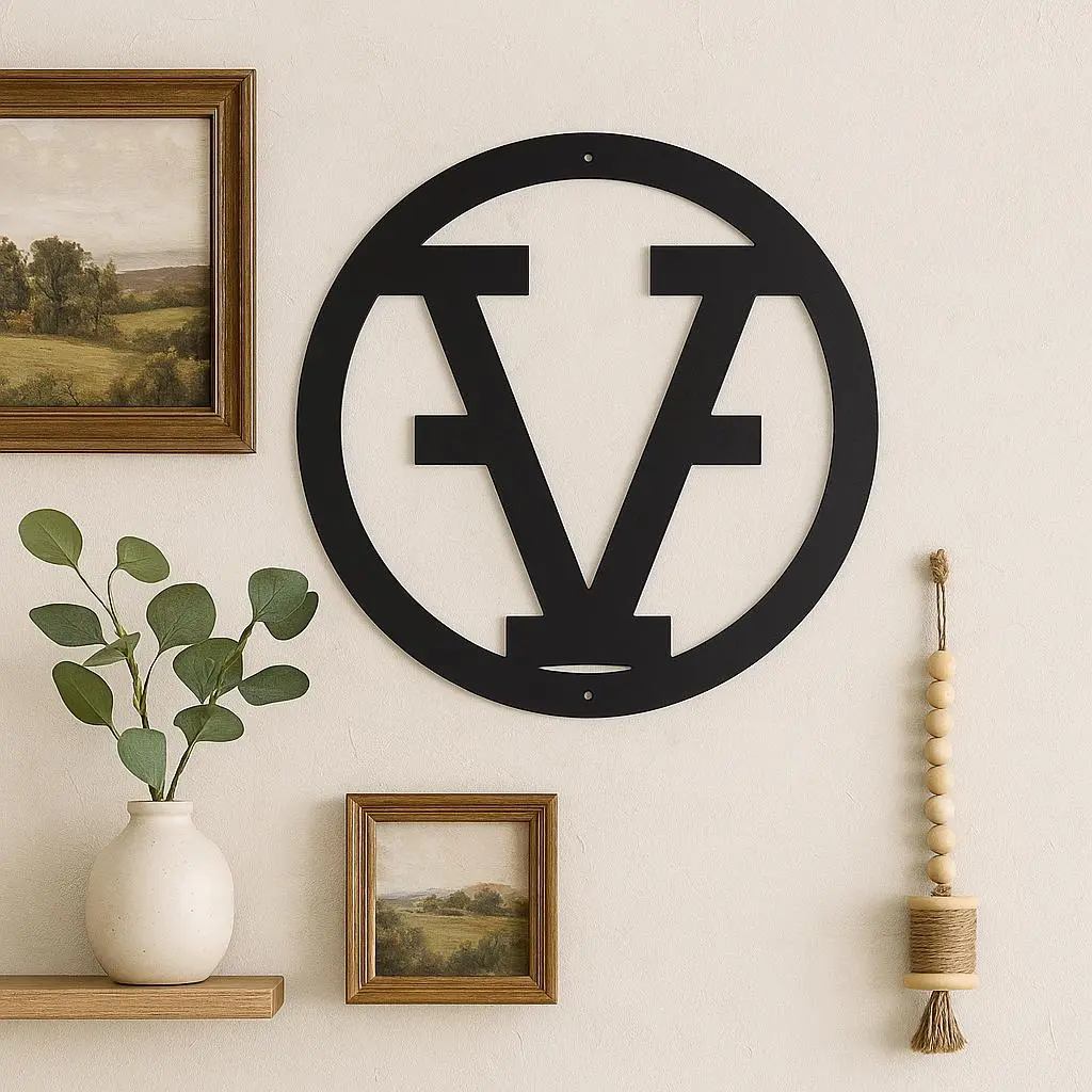 Metal letter V, cattle brand font with circle