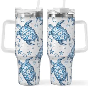 Ocean-Inspired 40oz Stainless Steel Sea Turtle Tumbler with Handle, Lid & Straw - Perfect Gift for Women - Bottle, Drinkware Flasks Stylish tumblers