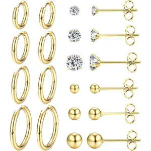 MILACOLATO 10-12 Pairs Women Silver/Gold Hoop Earrings Set, 316L Surgical Steel Stud Earrings with Cubic Zirconia Small Unisex Huggie Hoops Sleeper Earrings Cartilage Piercing Jewelry for Lady Men Gift