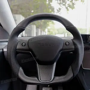 Model 3/Y Carbon Fiber Steering Wheel D-Shaped Round WIth Perforated Grip...