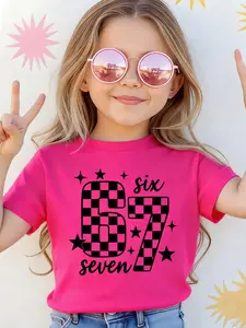 Black square 67Six Seven Pattern Girls' Casual Sporty Short Sleeve Top, Comfortable Soft Fabric, Loose-Fitting Design, Perfect Christmas Gift for Kids