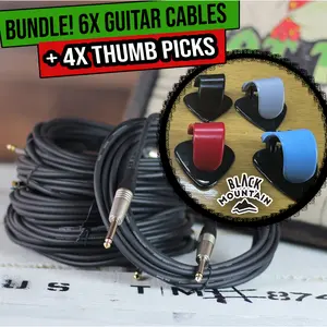BLACK MOUNTAIN Thumb Pick Variety Pack with FAT TOAD 20FT Guitar Cables 6 Pack Bundle | Shielded 1/4 Inch Instrument Cords for Acoustic Electric Guitar Bass Keyboards Ukulele Mandolin & Recording Studio Gear