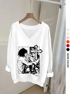 Women's Casual V-Neck Long Sleeve Sweatshirt, Womenswear, Geometric Print, Ribbed Hem, French Elegance, Single Wear or Layered, Fall & Winter