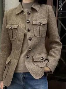 Women's Casual Fashion Lapel Jacket, Coats, Womenswear Long Sleeve Single Button Closure, Multiple Pockets, Back Slit Design, Commuter Style Outerwear