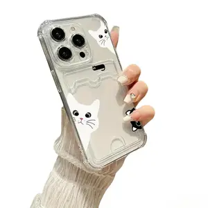 Cute Cat Print Clear TPU Card Holder Case for iPhone 17/16/15/14/13/12/11 Series (Pro, Pro Max & Standard), Shockproof Transparent Wallet Phone Cover