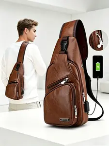 Leather Sling Shoulder Bag with USB Charging & Headphone Port, Men's Multi-Functional Chest Pack for Cycling, Live Concerts, Sports Events & Everyday Carry