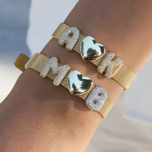 Personalized Bubble Zircon Letter Mesh Bracelet - Custom DIY Name Watch Band Style Adjustable Stainless Steel Jewelry For Women