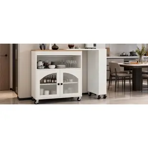 Kitchen Island On Wheels with Extended Table MDF Rolling Kitchen Storage Cart with LED Light Power Outlets 2 Fluted Glass Doors Side 3 Open Shelves