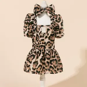Cute Fashion Print Pet Dress with Bow, Plaid Pet Costume, Elastic Mesh Princess Dress, Puppy Cat, Complete Set, Puppy Clothes