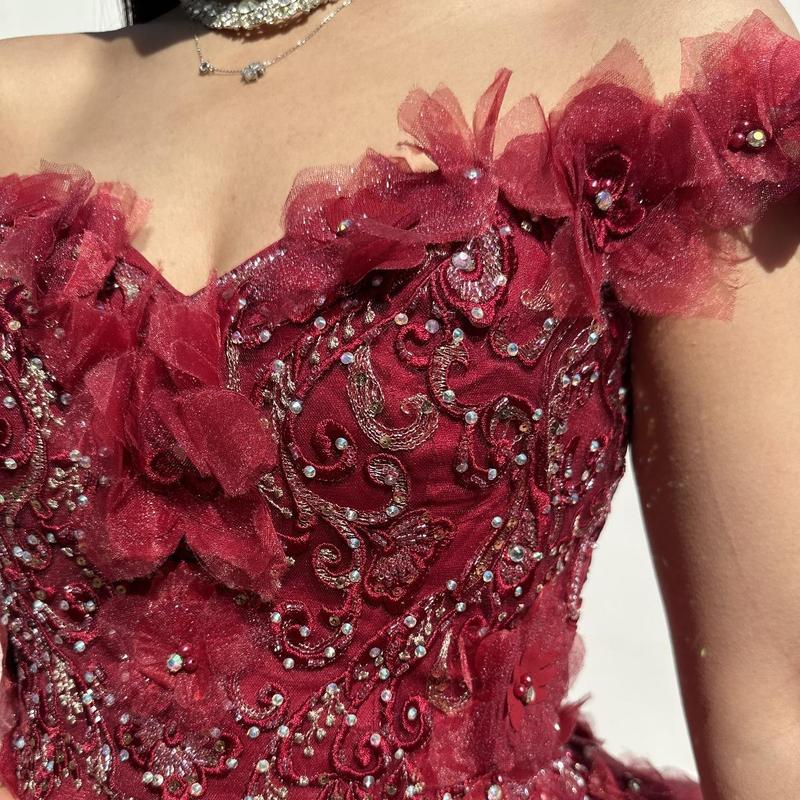 NO.34 Flowers and Metallic Lace Sparkle Tulle Quinceañera Dress schiaparelli  wedding dress white charro  dress club cocktail plus  size mini tube plain mature blue dress quince Sequins Off-Neck sequin dress Womenswear Formal party maxi